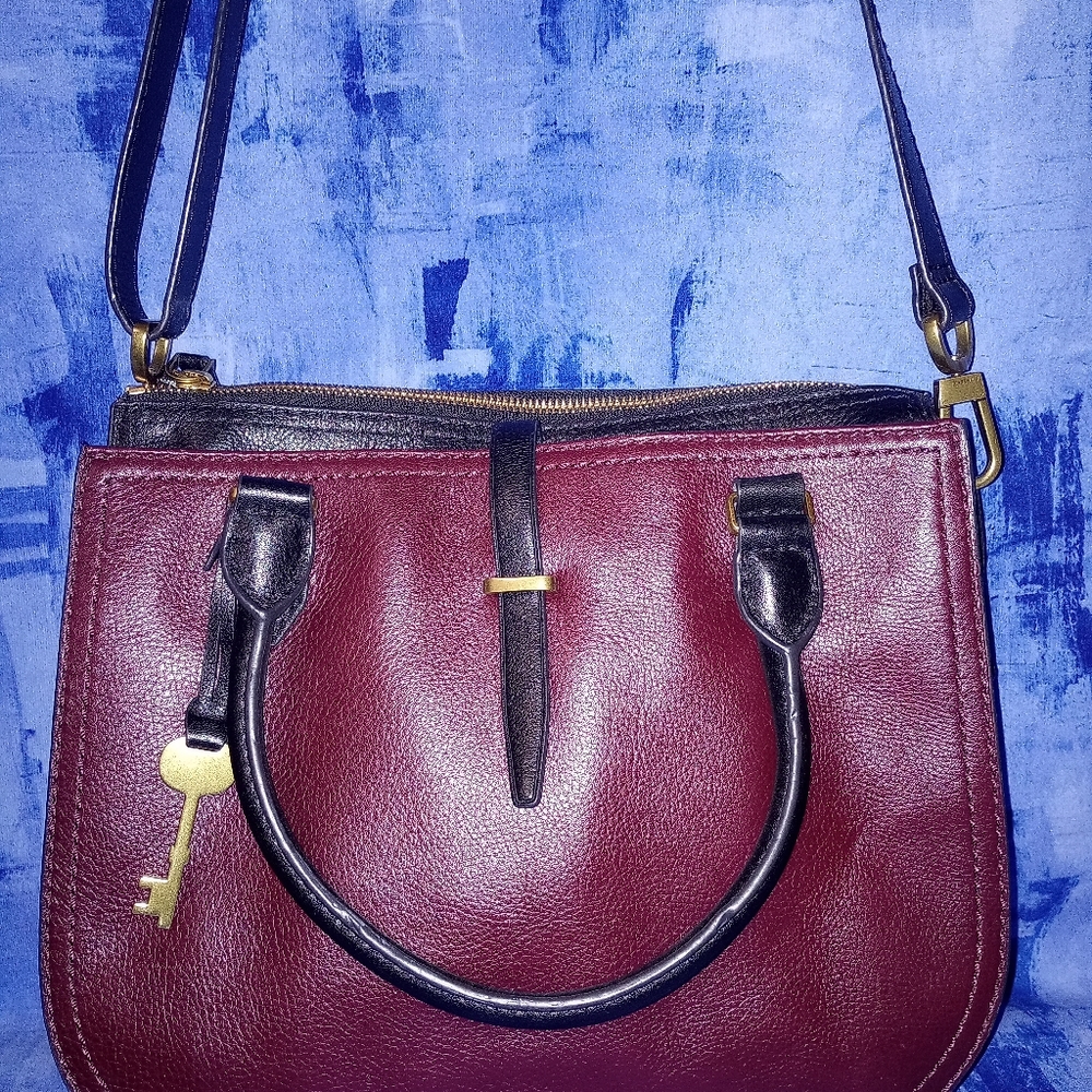 Fossil Burgundy Leather Ryder Satchel Handbag Shoulder Crossbody Bag Spacious.